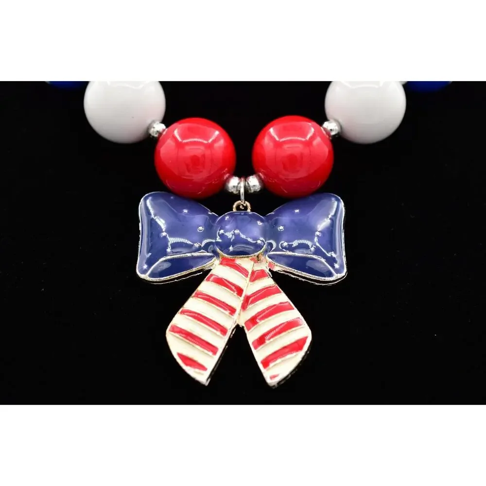 Statement Necklace American Flag Star Red White Blue Beaded 4th July USA BinA17